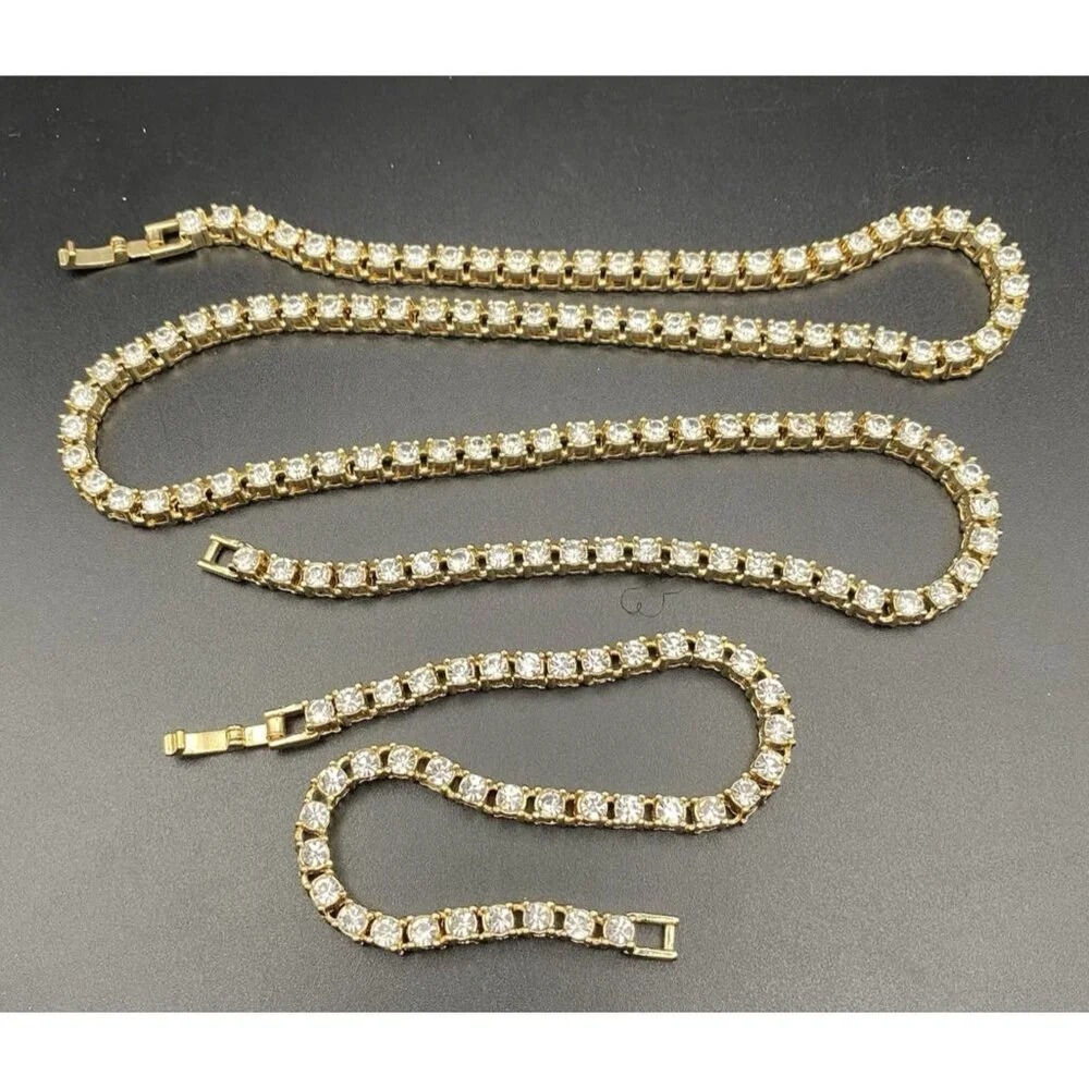 Necklace Bracelet Set 4 mm Tennis Yellow Gold Tone Solitaire CZ 21.5" 8"Hip Hop - Picture 3 of 6